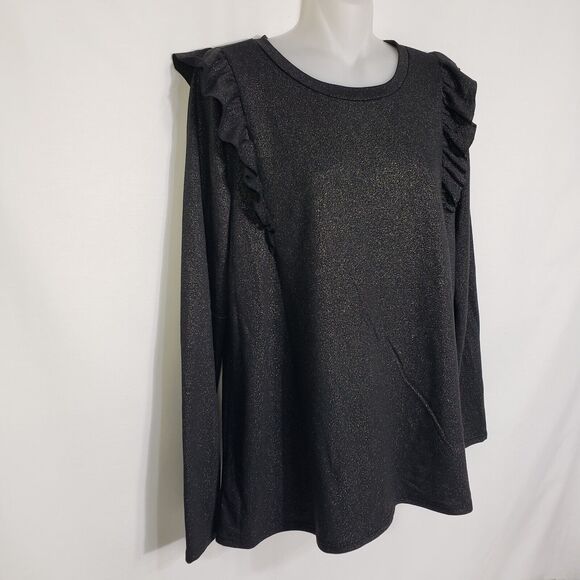 Flamingo Urban Womens Top Size Large Ruffles Black Shimmer Pullover Long Sleeve - Picture 4 of 7